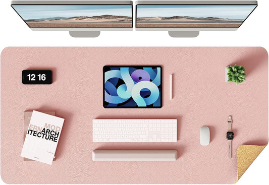 YSAGi Double-Sided Desk Pad, Leather Desk Mat, Eco Cork Desk Pad Protector, Large Mouse Pad for Desk, Waterproof Desk Blotter Pad, Desk Writing Pad for Office Work/Home (Pink+Cork, 47.2" x 23.6")