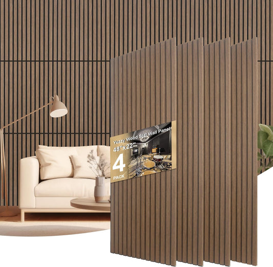 Yuzzy Acoustic Wood Slat Wall Panels - 48" x 22" Dark Walnut Fluted Sound Absorbing Panel for Wall and Ceiling - 4 Pcs Wall Panels for Interior Wall Decor for Homes, Offices, Studios