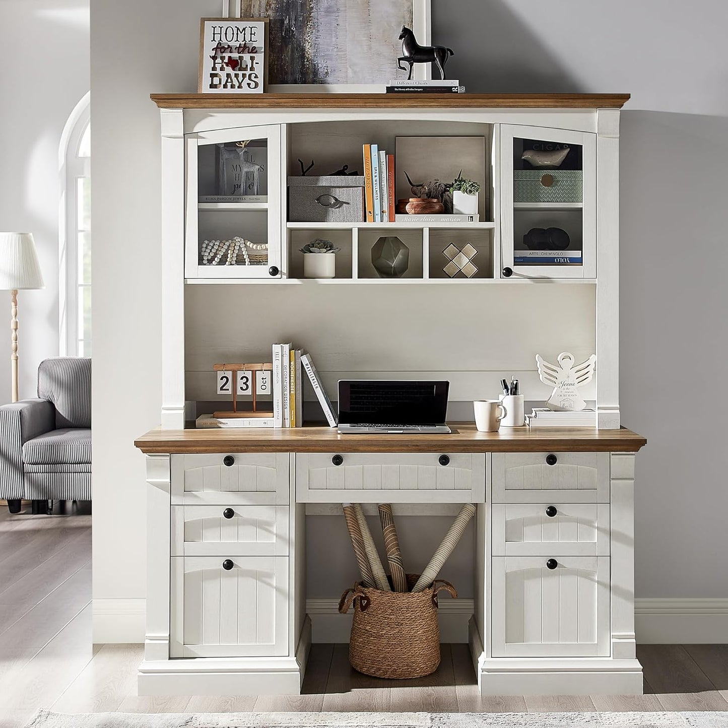 OKD 60" Executive Desk with Hutch and Drawers, Farmhouse Home Office Desk with Charging Station, Keyboard Tray, File Cabinet Storage, Wood Computer Desk for Work and Study, Antique White