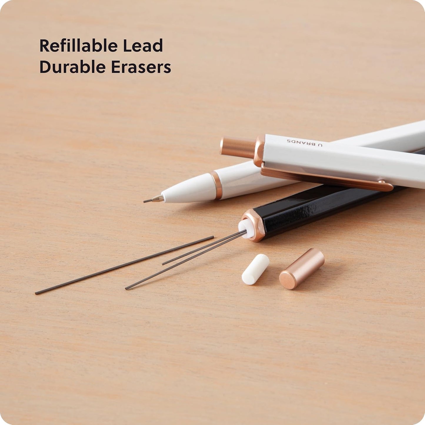 U Brands Cambria Mechanical Pencils, Set of 12, White and Black, Rose Gold Details, Medium (0.7 mm) Point, Lead and Eraser Refills