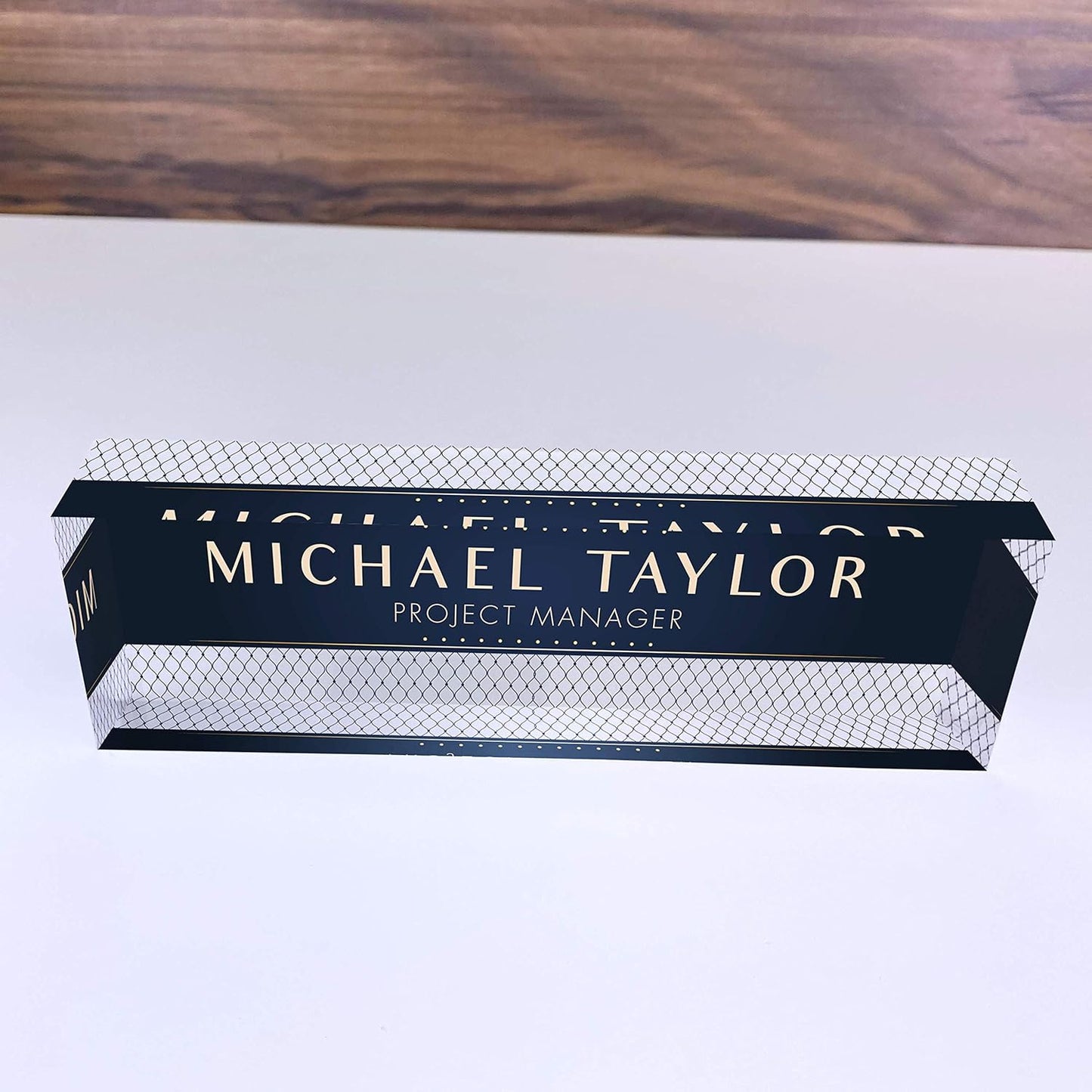 Artblox Office Desk Name Plate Personalized | Custom Name Plates for Desks | Net Shape Design On Clear Acrylic Glass | Office Desk Decor - (8" x 2.5")