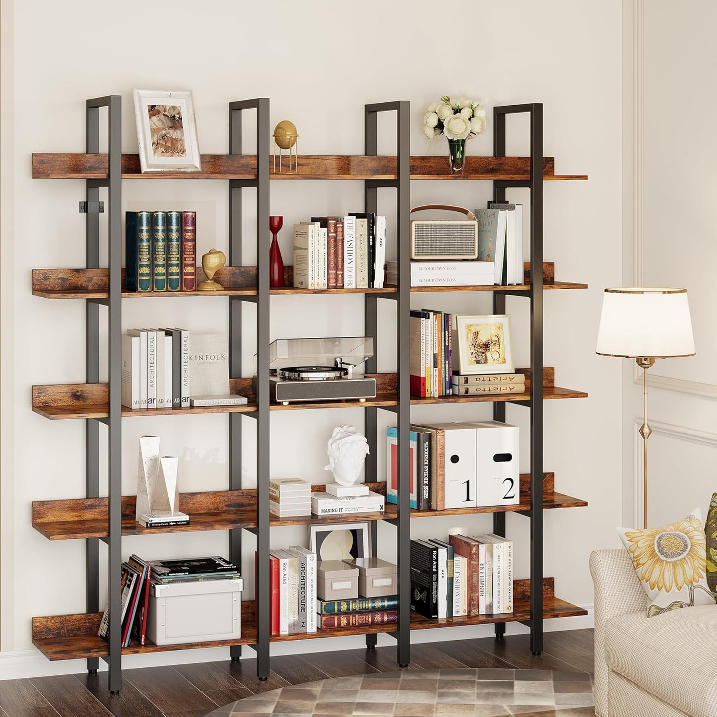 IRONCK Bookcase and Bookshelves Triple Wide 5 Tiers Large Open Shelves, Etagere Bookcases with Back Fence for Home Office Decor, Easy Assembly, Vintage Brown