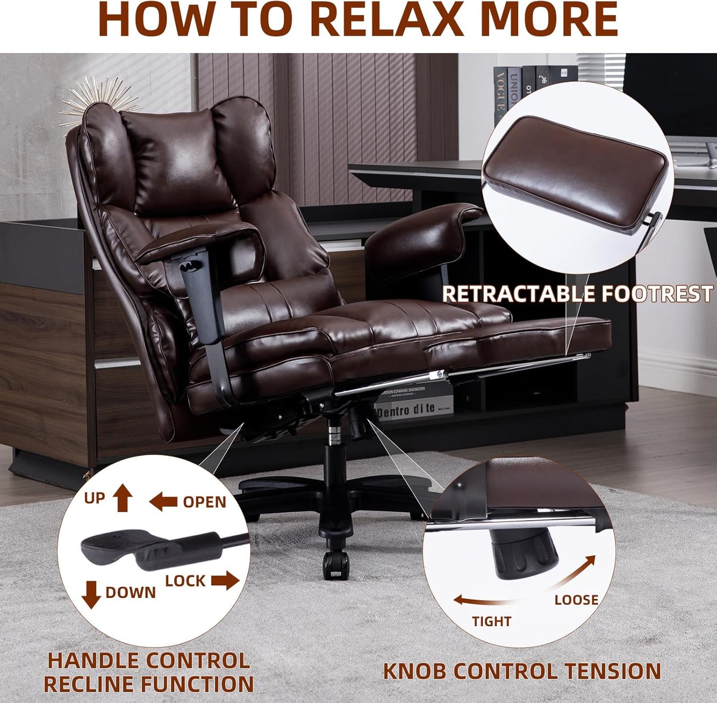 Big and Tall Office Chair 500lbs Wide Seat Executive Office Desk Chair High-Back Office Task Chair with Foot Rest, Ergonomic Lumbar Support Computer Office Chairs for Heavy People(Brown)