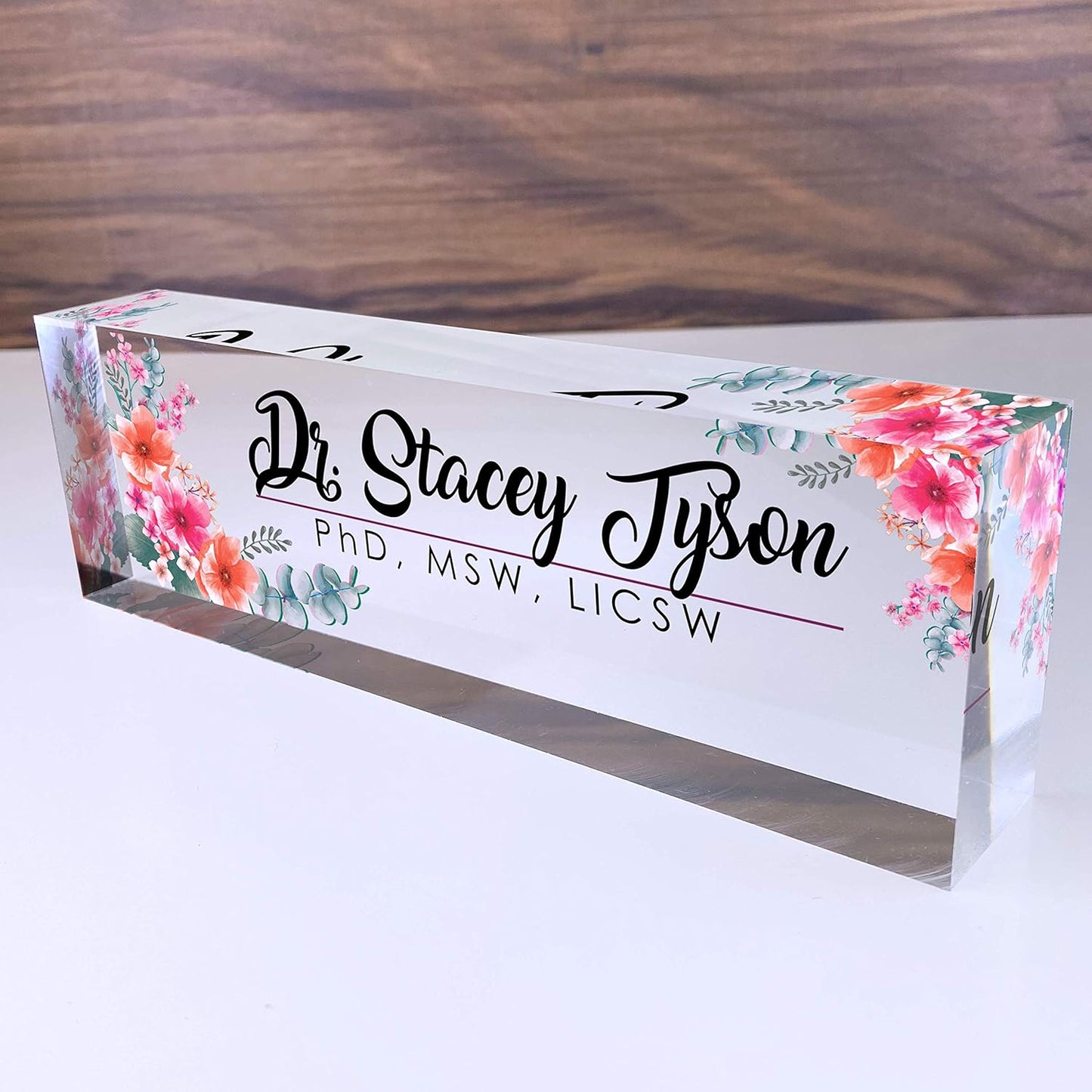 Artblox Office Desk Name Plate Personalized | Custom Name Plates for Desks | Flowers Wild Design On Clear Acrylic Glass | Office Desk Decor - (8" x 2.5")