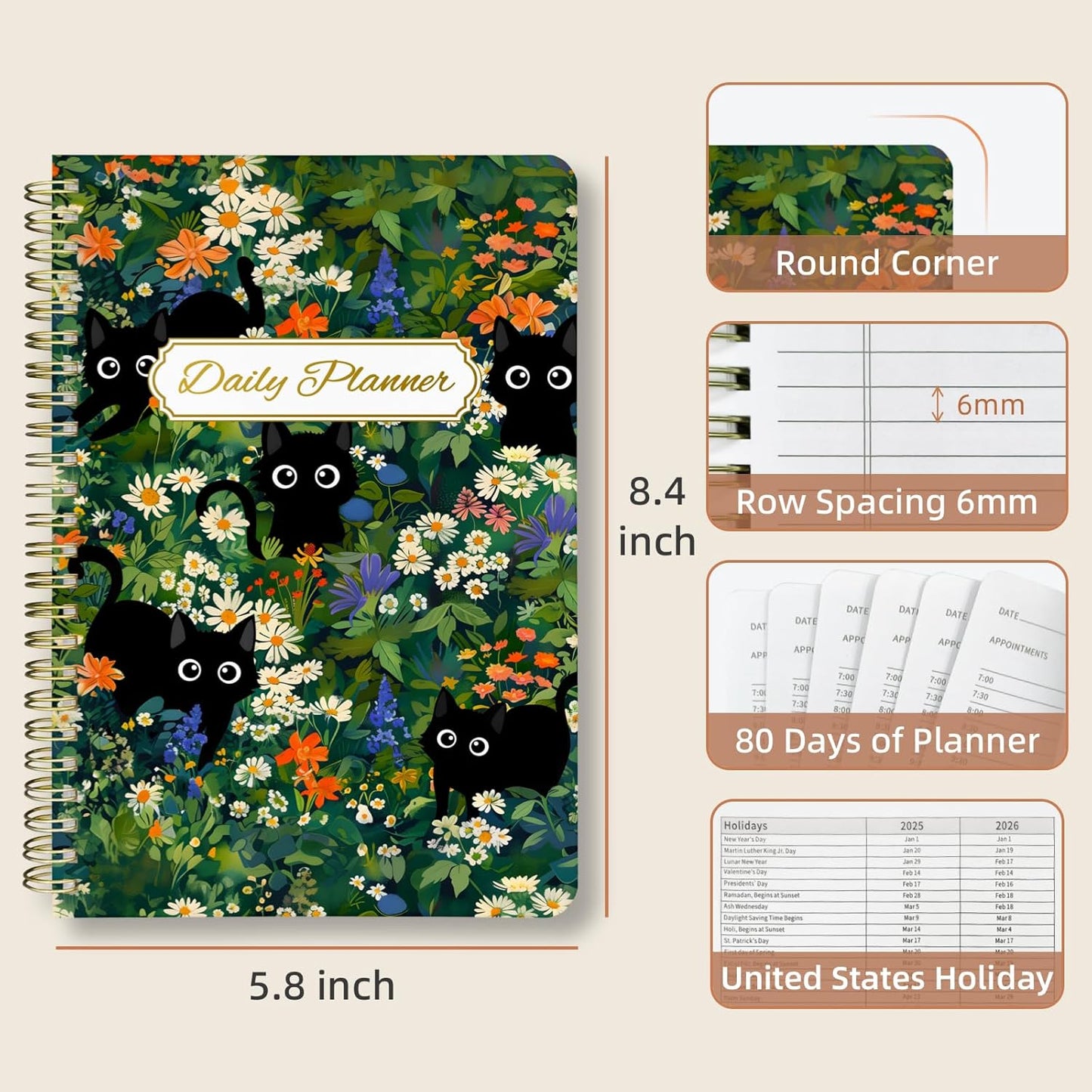 Undated Daily Planner - Spiral Notebook 80 Days One Day Per Page, Hourly Schedule, To-Do List, Notes, Everyday Planning Task, A5 Hardcover Journal Organizer Book Women Cute, Cat Garden