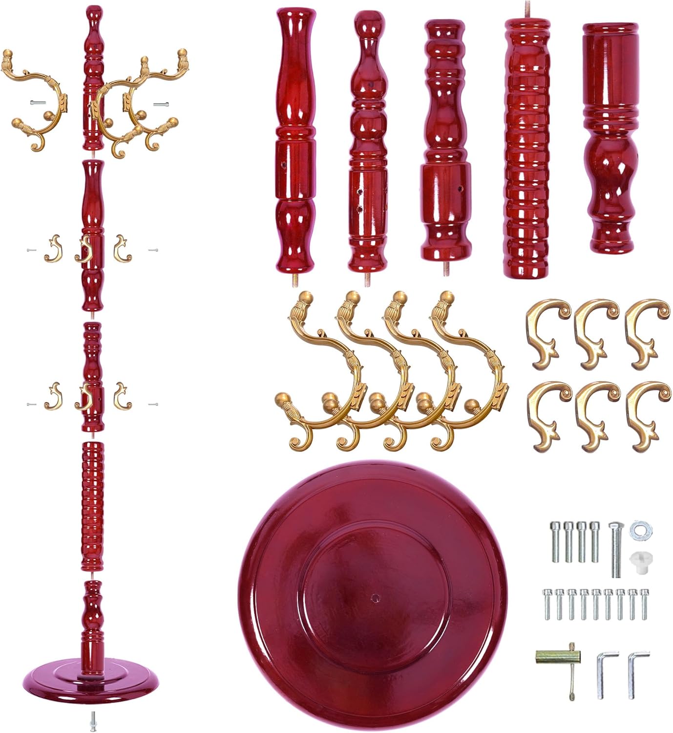 Vintage Free Standing Coat Rack with Disc Base, Solid Wood Coat Hanger Stand with 18 Hooks and 3 Adjustable Size, Standing Coat Rack Tree for Entryway, Bedroom, Hallway, Office, Apartment