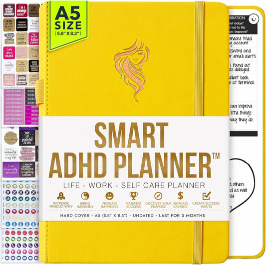 SMART ADHD PLANNER - Adhd Daily Planner - A Self Care Personal Gratitude Journal to Increase Productivity Weekly & Monthly Undated Planner for Women and Men, Vision Board & Organizer + Stickers