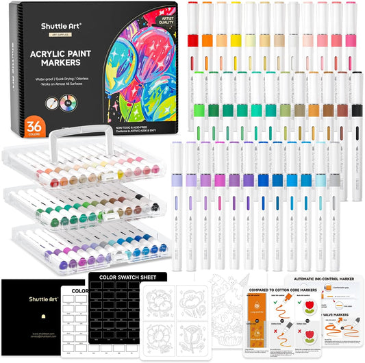 Shuttle Art Automatic Ink Control Acrylic Paint Markers, 36 Colors Brush Tip Acrylic Paint Pens for Rock Painting, Ceramic, Wood, Canvas, Glass, Stone, Fabric, Card Making, DIY & Art Supplies