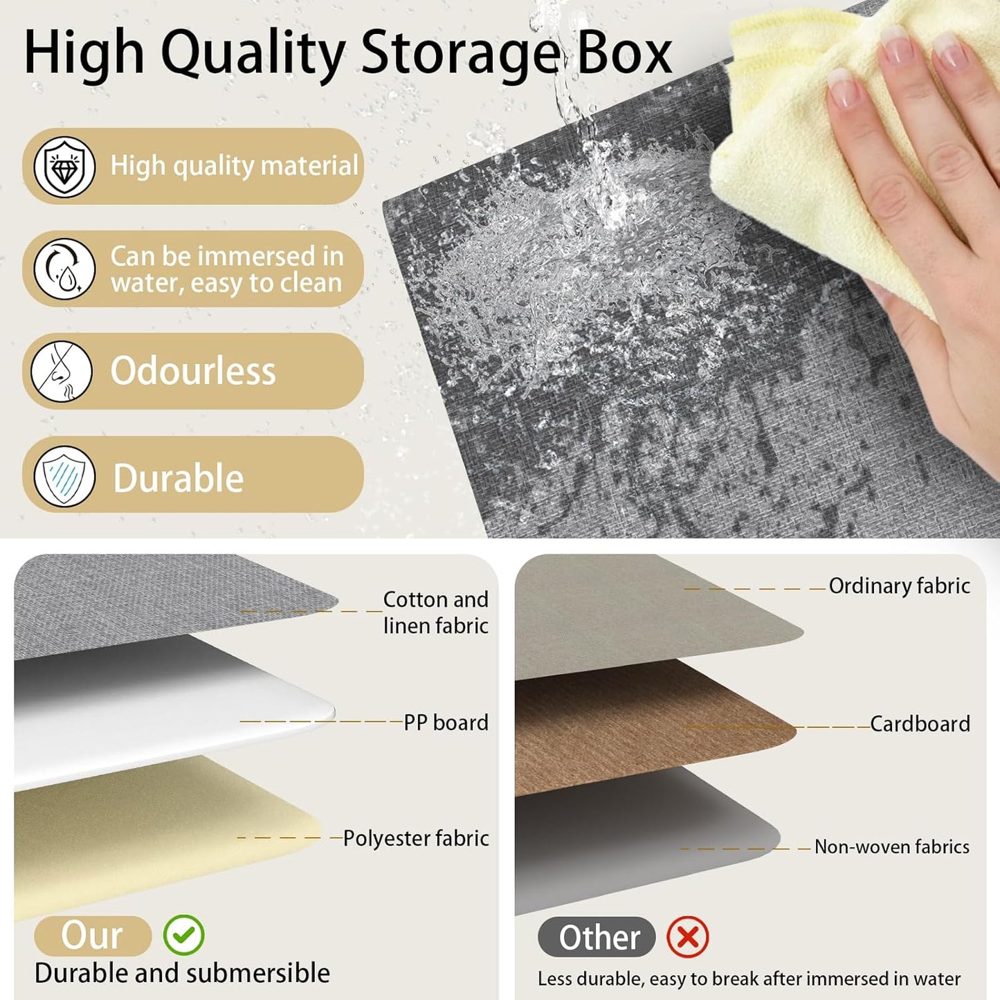 Yawinhe Collapsible Storage Bin, Cube Organizer Basket, Fabric Box with Lids, Washable and Leather Handle, for Home, Closet, White/Grey, 13.0''Lx9.0''Wx7.9''H, 3-Pack, SNK024WGS-3