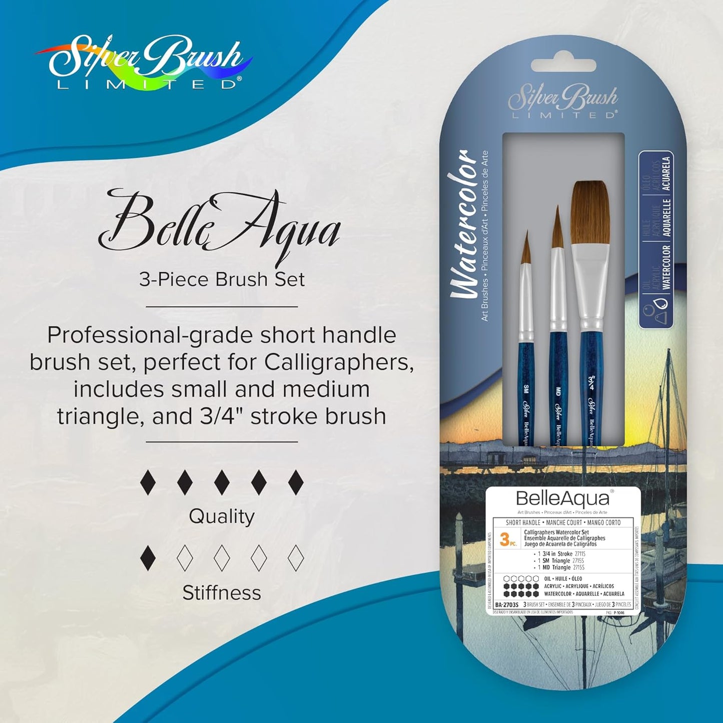 Silver Brush Limited BA-2703S BelleAqua Calligraphers Watercolor Brush Set, 3pc Professional Soft Synthetic Red Sable Short Handle Paint Brush Set, Small & Medium Triangle and 3/4 Inch Stroke Brushes