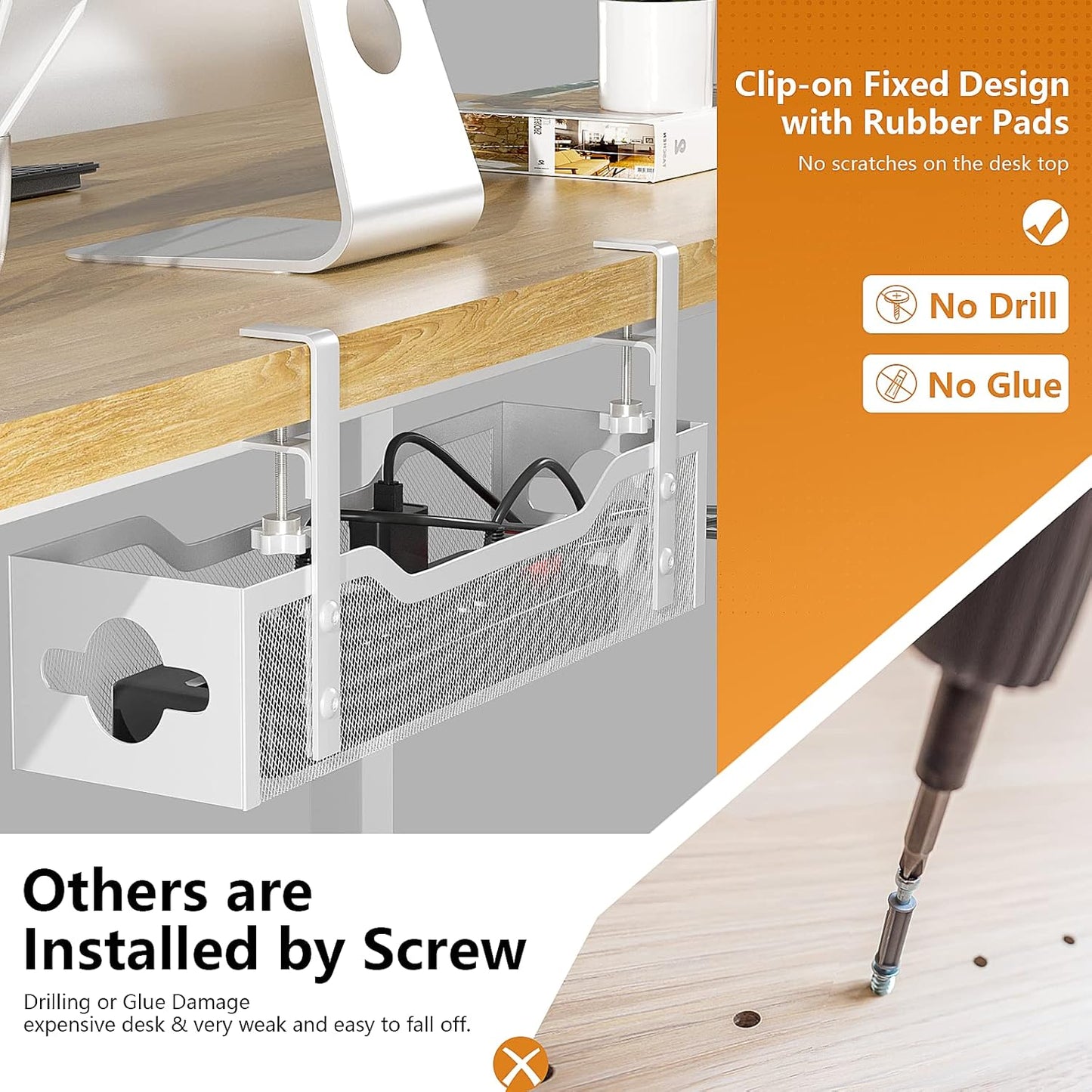 Under Desk Cable Management Tray 15.95", Quszmd Cable Organizer No Drill, Standing Cord Organizer and Wire Management Tray - No Damage to Desk, White