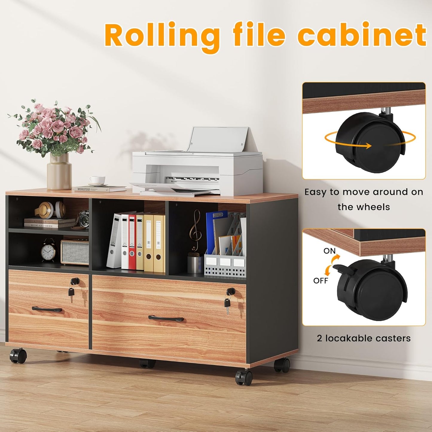 2 Drawer Wood Mobile Large Lateral File Cabinet with Lock, Lockable Rolling Filing Cabinet with Storage Shelves, Printer Stand Office Storage Cabinet for Home Office Fits Files Legal/A4