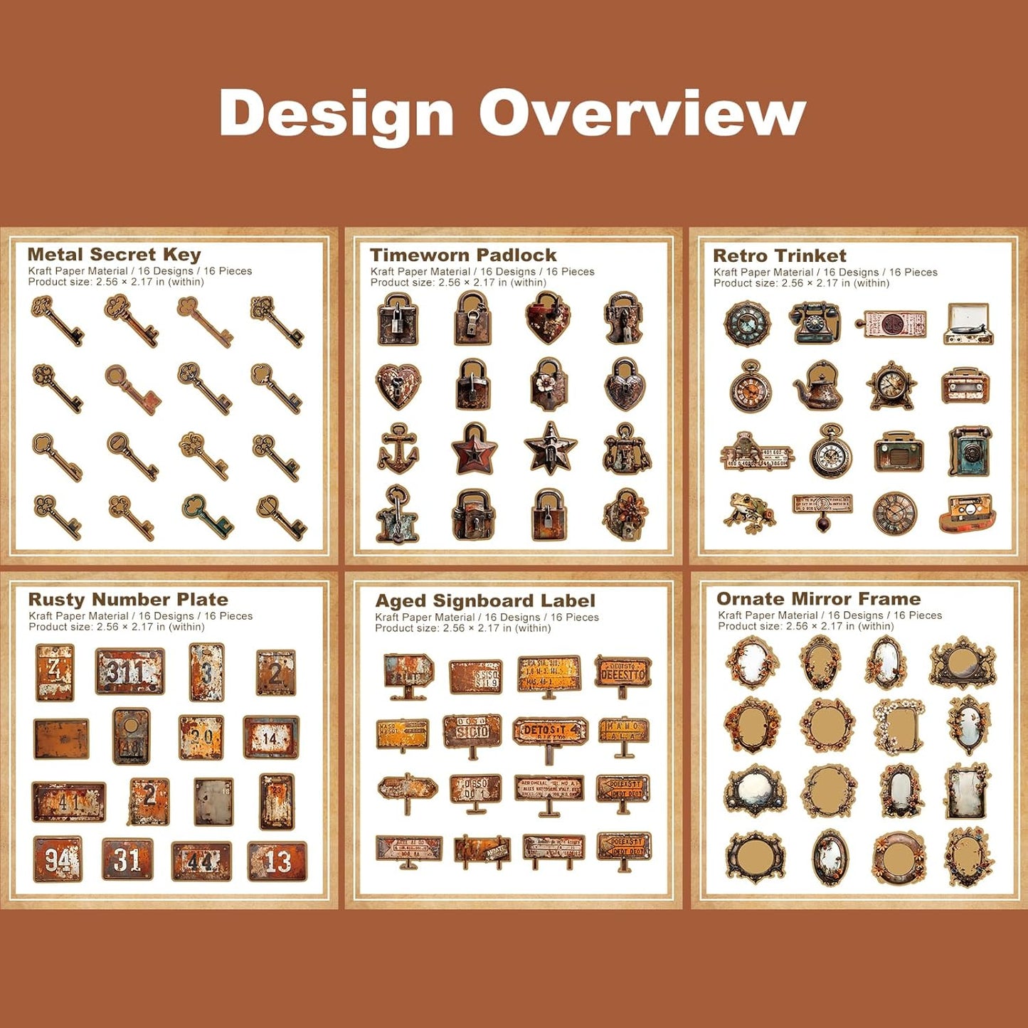 Vintage Kraft Paper Sticker Set, 96PCS Retro Scrapbook Supplies for Journaling and Crafts, Includes Keys, Padlocks, Signs, Labels, Frames, Number Plates