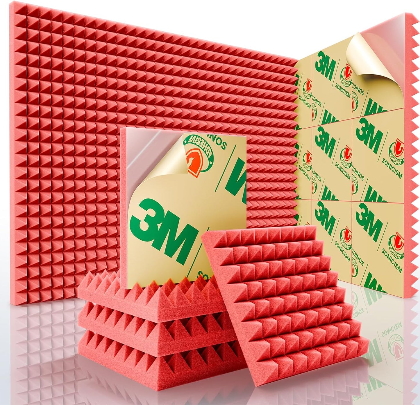 Sonicism Sound Proof Foam Panels for Walls Self-Adhesive 12 Pack Pyramid 12" X 12" X 2" Acoustic Panels,35kg/m³High Density Soundproof Wall Panels Fast Expand,Sound Absorption & Decoration(Red)