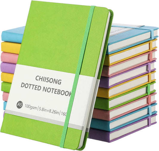 10 Pack Bullet Dotted Journal Notebook Bulk, A5 Dot Grid Notebook with 100 GSM Paper, Leather Hardcover Dotted Journal with 160 Pages for Women Men Writing Journaling Planning, 5.7 x 8.3 Inch