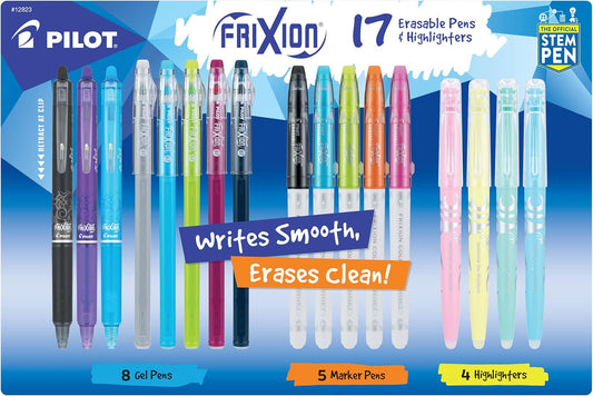 Pilot, FriXion Assorted Erasable Gel Ink Pens, Marker Pens & Highlighters, Pack of 17, Assorted Colors