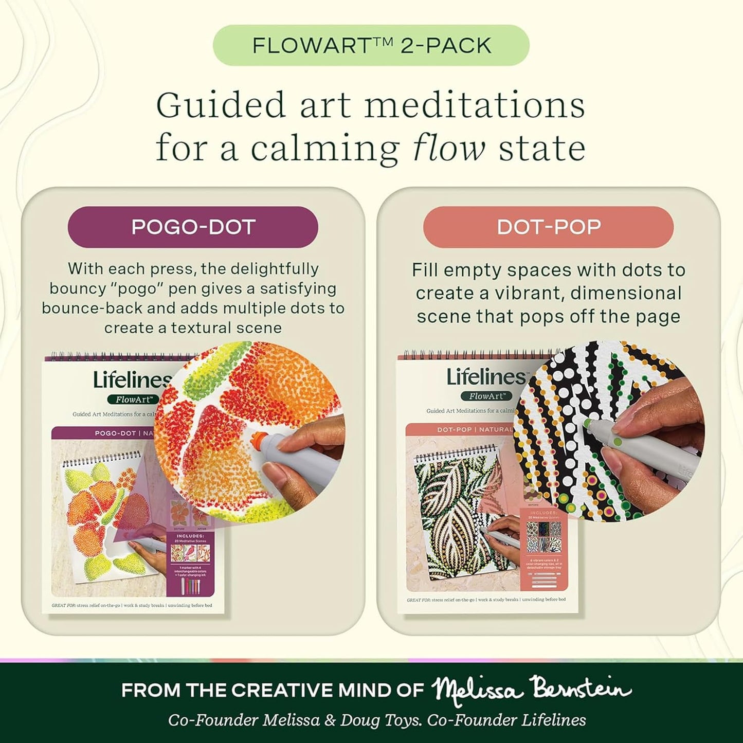 Lifelines FlowArt Activity Pad, 2-Pack - Guided Dot Art Meditations with Markers – Dot-Pop and Pogo-Dot Coloring Books for Teens, Adults & Seniors