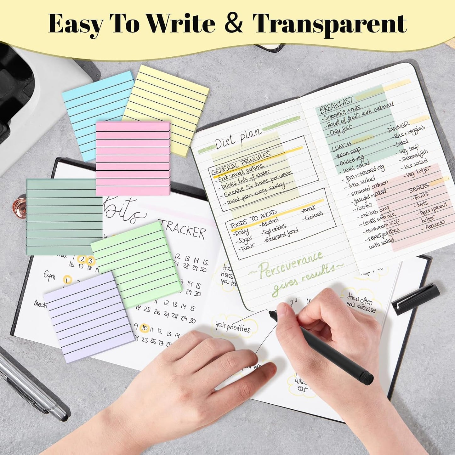 3x3 Inch Transparent Sticky Notes 300 Sheets, Clear Translucent Lined Self-Adhesive Memo See Through Reminder Pad for Office School Students Planners Journals Biblie Supplies (Lavender)