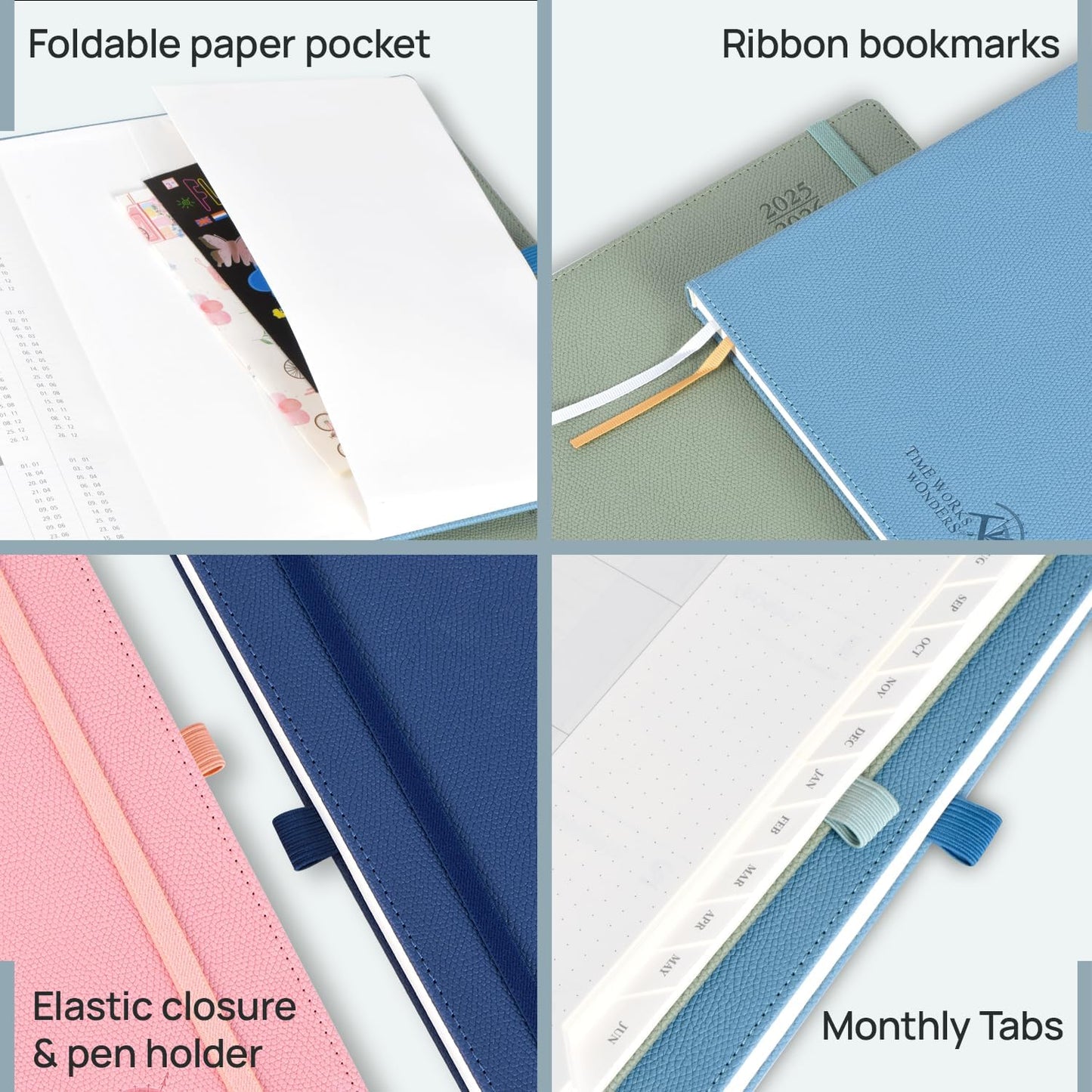 POPRUN Planner 2025-2026 (Large 8.5''x 10.5''), Horizontal Weekly Notebook Jul.2025 - Jun.2026, Academic Appointment Book with Monthly Tabs, Leather Hardcover, Inner Pocket, 100 GSM - Soft Pink