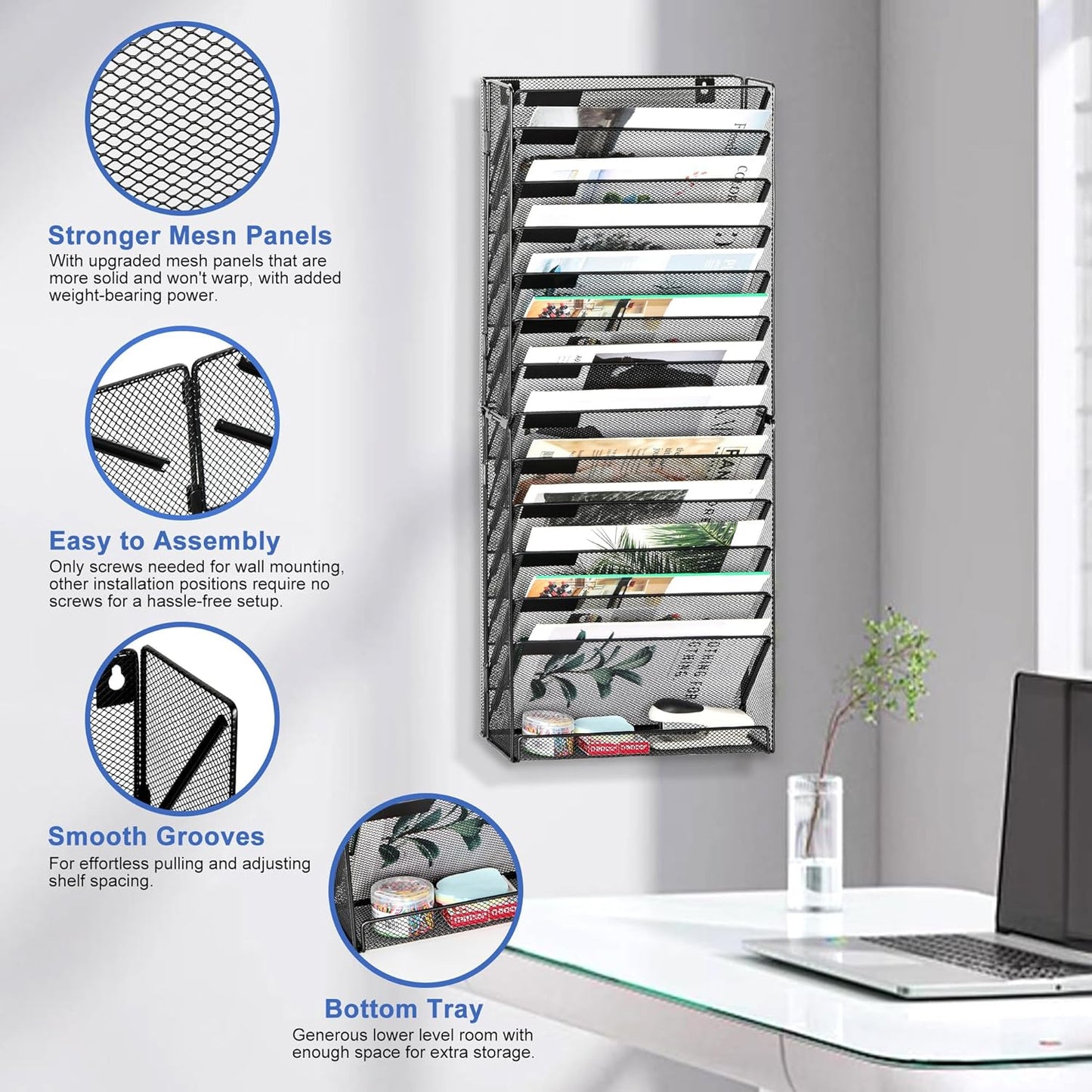 EasyPAG 14 Tier Wall File Holder with Flat Tray, Black | Easy Assemble Mesh Desk File Organizer | 13-Folder Paper Storage | Replaceable Classify Labels | Space Saving Mail Organizer for Office Home