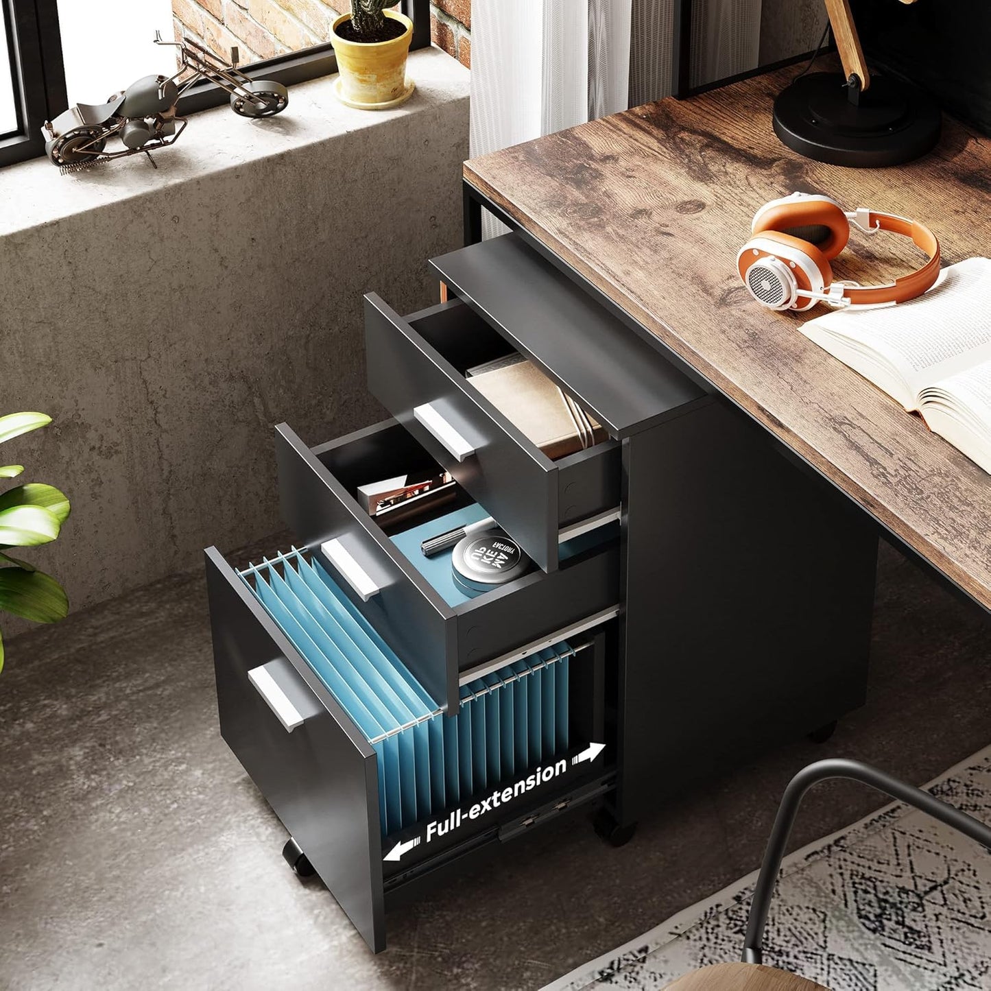 DEVAISE 3 Drawer Wood Mobile File Cabinet, Rolling Filing Cabinet for Letter/A4 Size, Printer Stand for Home Office, Black