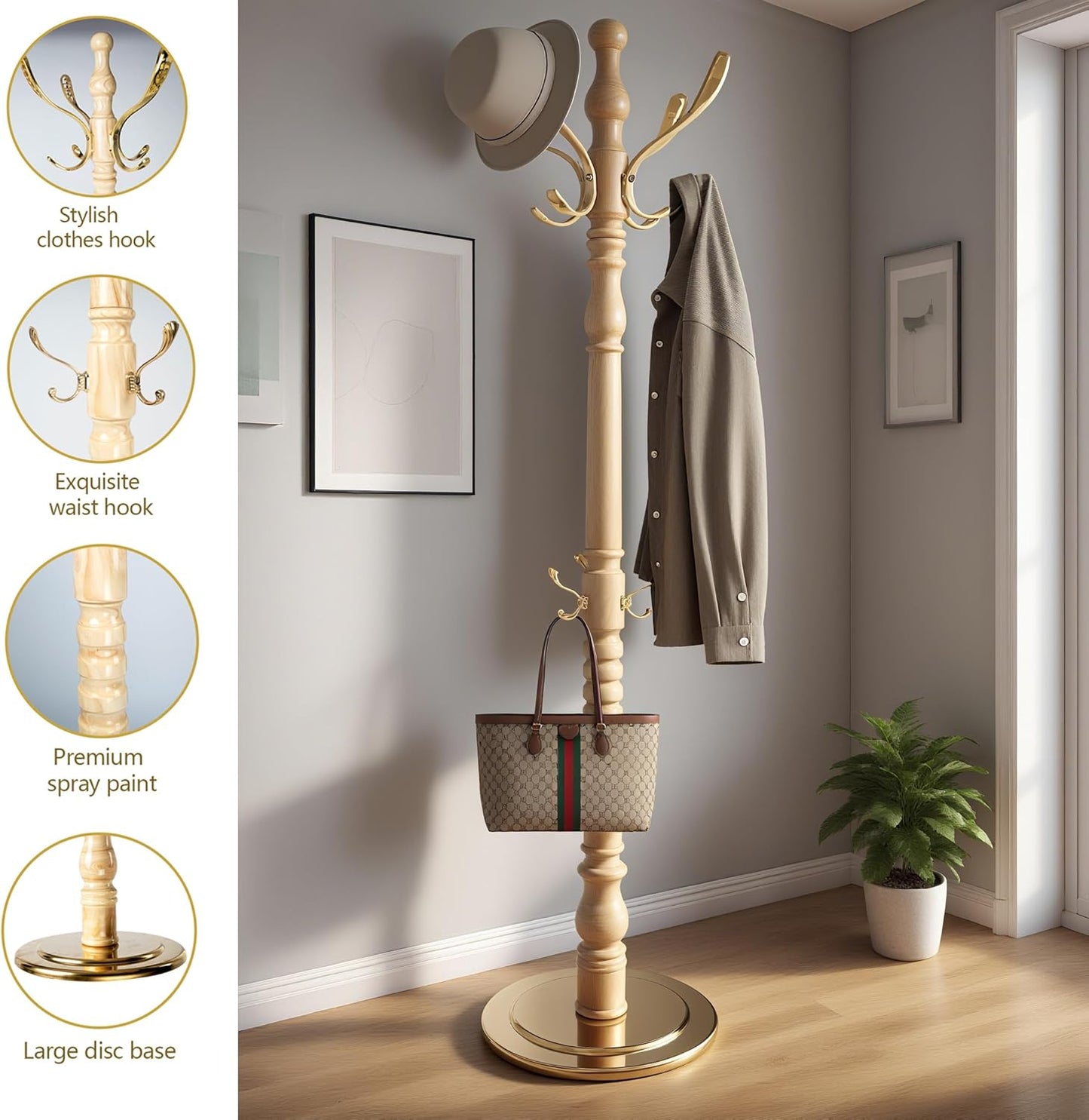 Vintage Wooden Coat Rack Free Standing,14 Hooks, 3-Level Adjustable Height, 73-Inch Retro Coat Rack Stand, Suitable for Entryway, Living Room, Office and Bedroom (Natural)