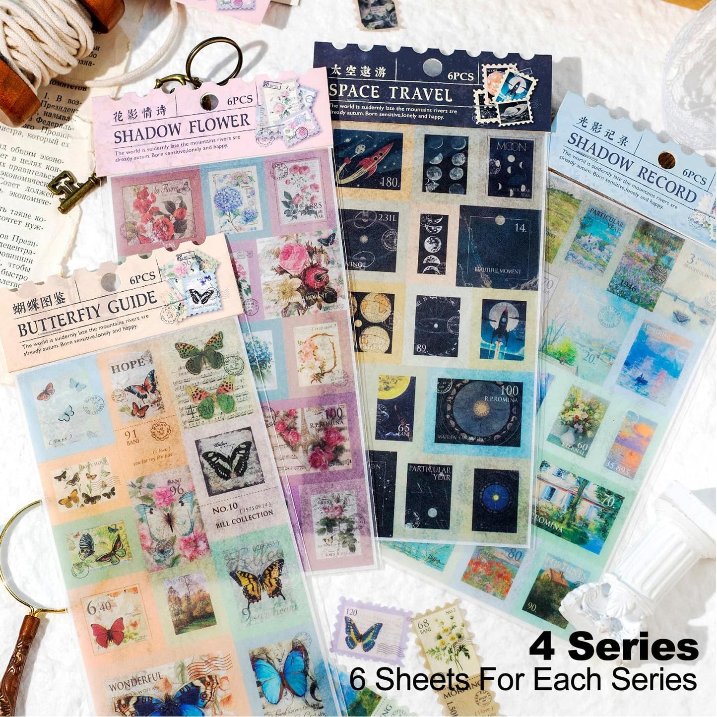 24Pcs Retro Stamp Washi Stickers, Vintage Stickers for Scrapbooking, DIY Crafts, Journaling Supplies & Junk Journal Ephemera