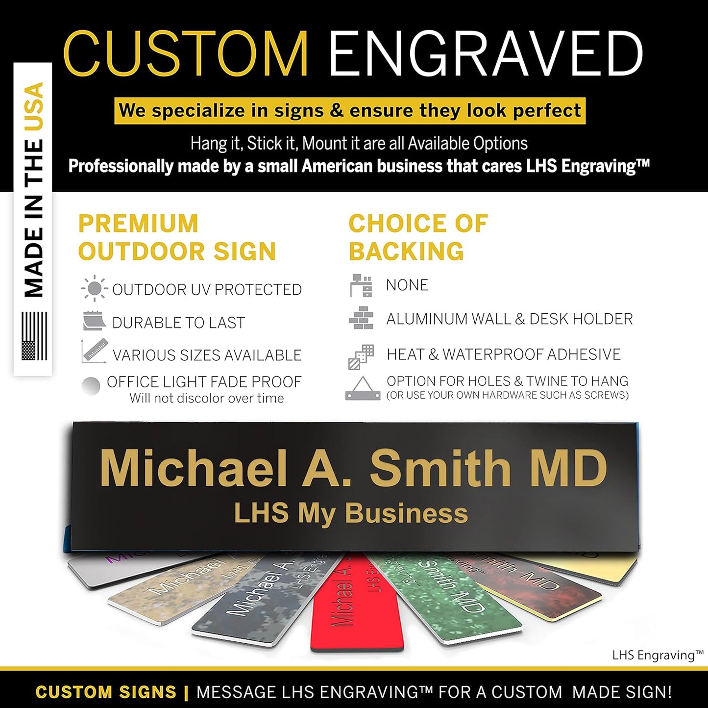 Engraved Door Signs for Office Personalized Black Plastic Door Plaque Gold Letters - Made in USA 2x12 B3