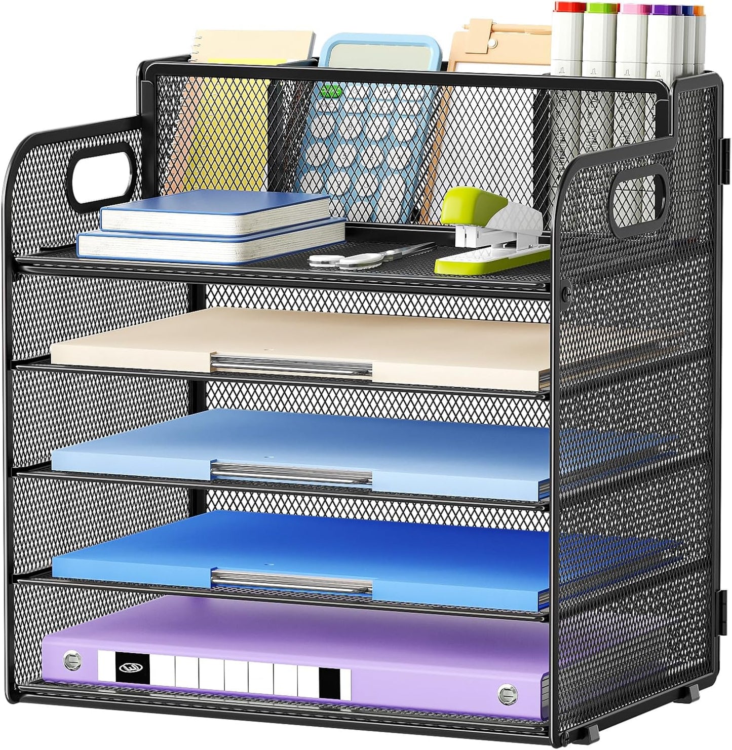 Marbrasse 5 Tier Paper Organizer with 3 Pen Holders, Mesh Desk File Organizer with Handle, Paper Sorter Desk Organizer for Home Office Supplies(Black)