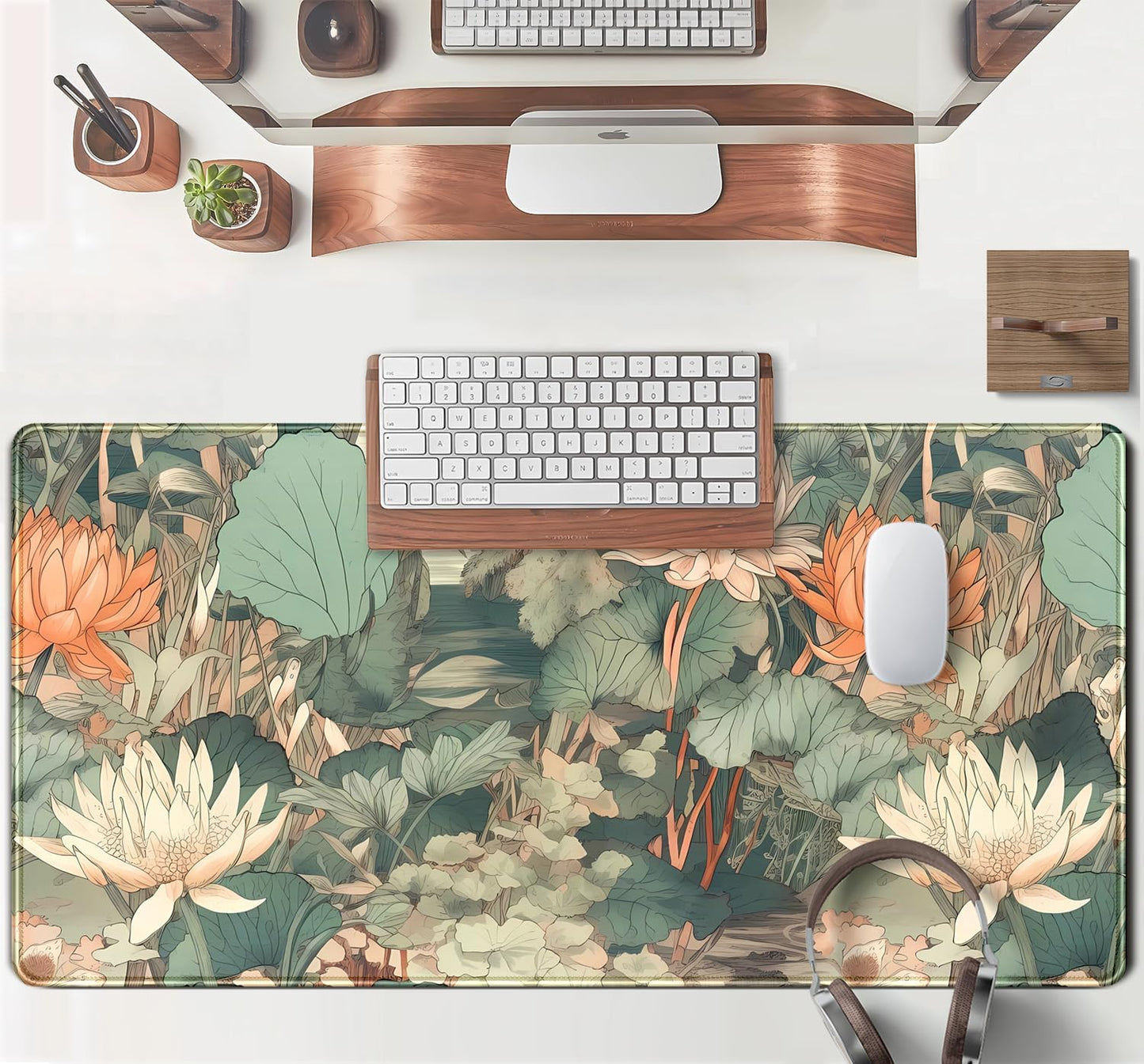 Light Emerald and Orange Floral Desk Mat, XXL Large Extended Mouse Pad Gaming Desk Pad, Aesthetic Asian Lotus Flower Big Laptop Keyboard and Mouse Mat for Women Desktop Office Decor 31.5x15.7 in