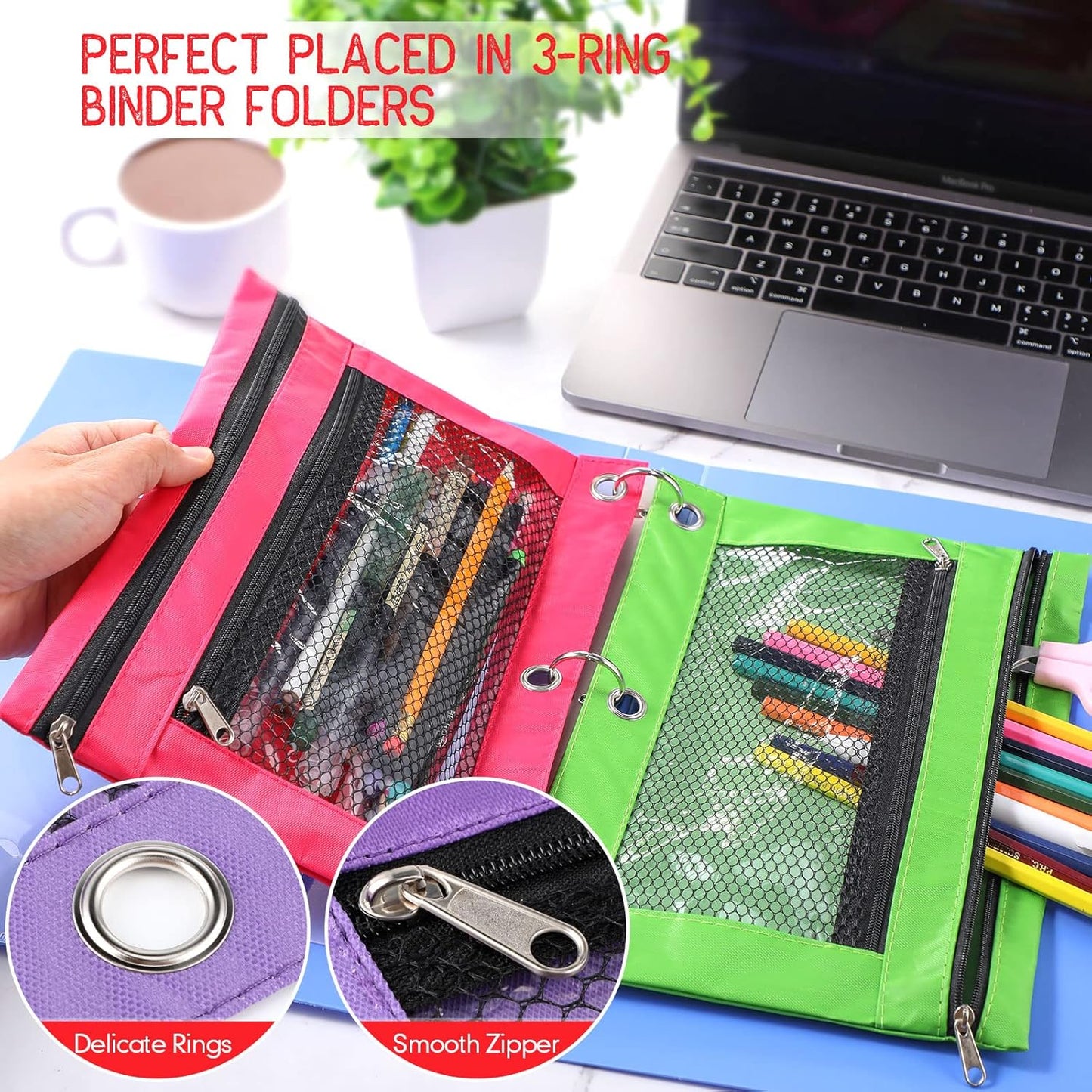 60 Pack Pencil Pouch 3 Ring Zipper Pencil Pouches Case Binder Cosmetic Bag 420d PVC Clear Film Pencil Case Kawaii Office Supplies Double Zip Zipper Pouch (Multi Color)