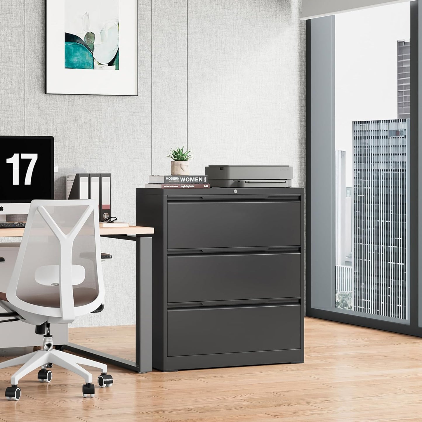 Lateral File Cabinet with Lock, 3 Drawer Lateral Filing Cabinet for Office Home, Locking Metal Steel Wide for Hanging Files Letter/Legal/F4/A4 Size, Easy Assemble Black