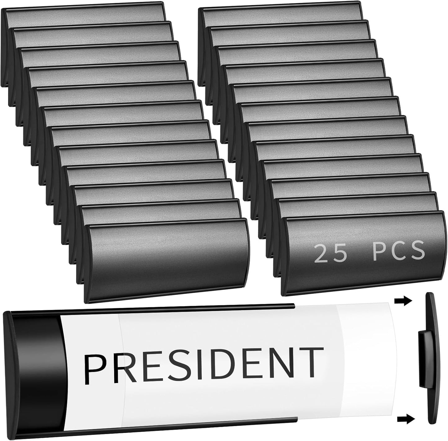 Therwen 25 Pcs Aluminum Office Name Plate Holder for Door Wall Mount 8'' x 3'' Business Sign Holder Office Door Sign Sturdy Curved with Plastic Film and Adhesive Tape(Black)
