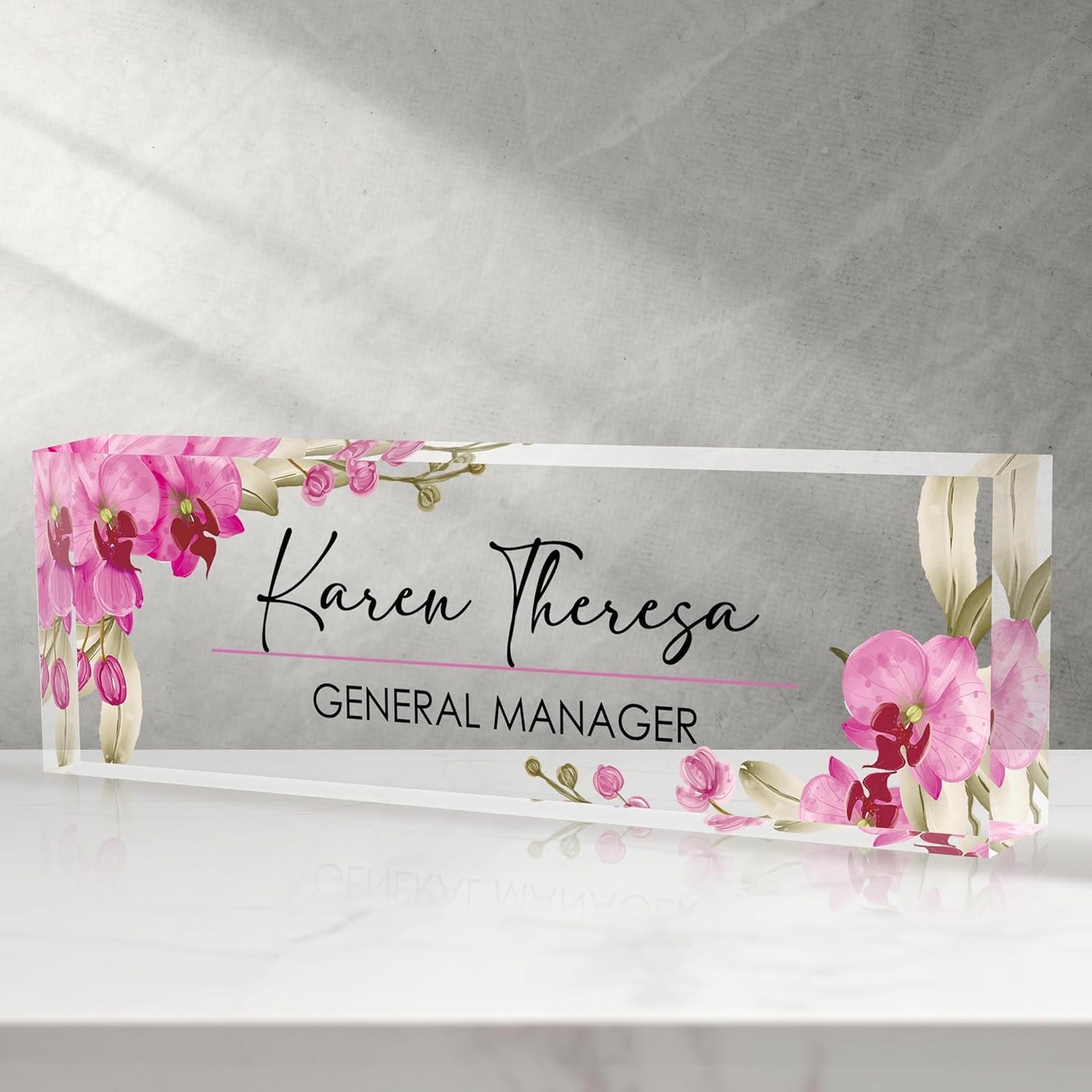 Personalized Desk Name Plate - Acrylic Accessory (Pink Butterfly Orchid)