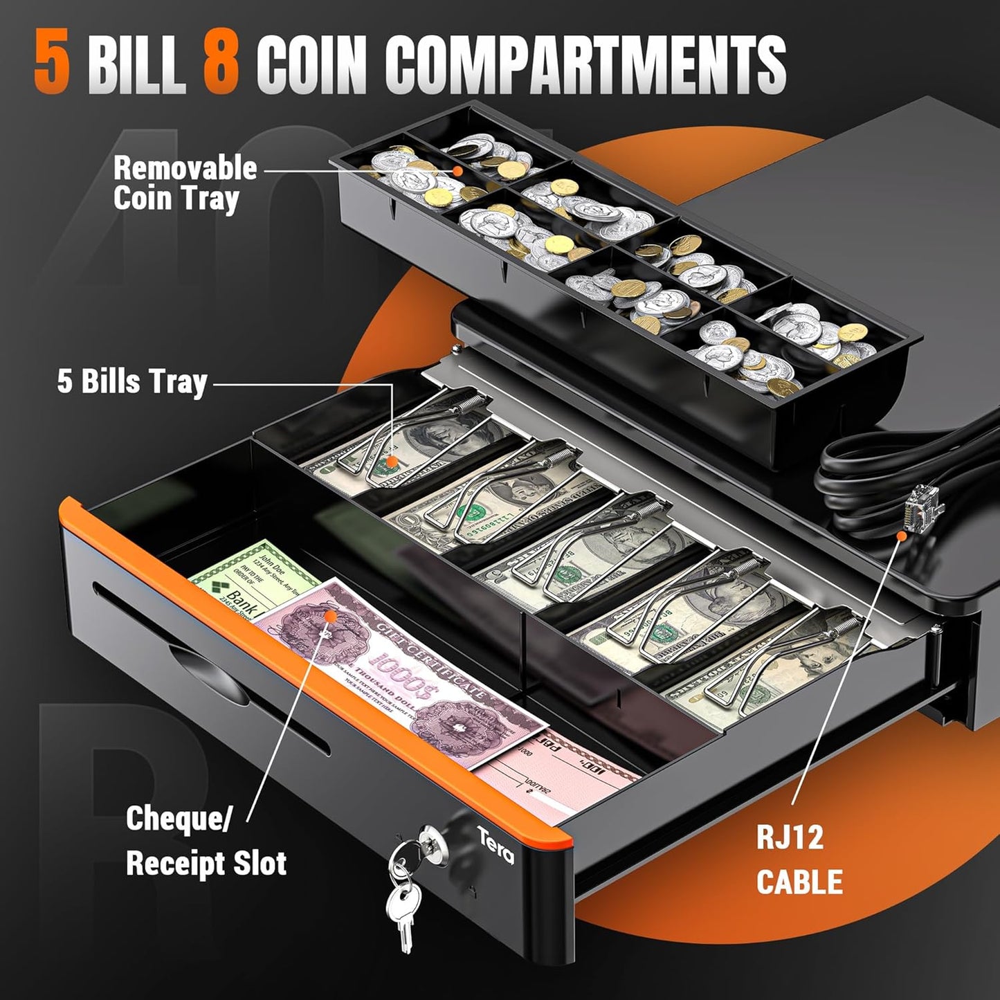 Tera 16 inch Auto Open Cash Drawer with Heavy Duty Insert Tray 5 Bill 8 Coin for POS System Removable Cash Tray Media Slot 24V RJ12 Key-Lock (Round Corner) for Small Business Retail 405R