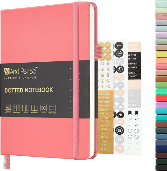 &And Per Se Dotted Journal Notebook, A5 Hardcover Leather Bullet Dotted Journal, 160 Pages 100GSM Thick Paper, 3 Sheets of Stickers Included - 5.7'' x 8'' (Rose pink)