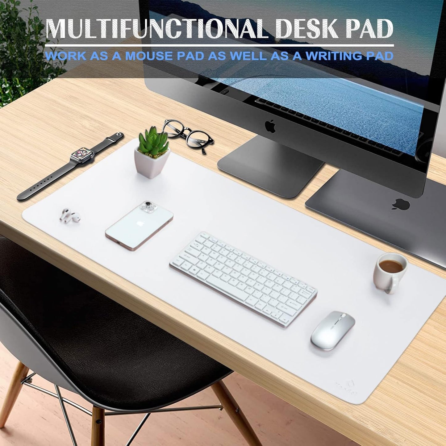 K KNODEL Large Office Leather Desk Mat, Mouse and Keyboard Pad, Computer and Laptop Mat, Desktop Protector and Cover, Writing Pad and Blotter (35.4"x17", White)