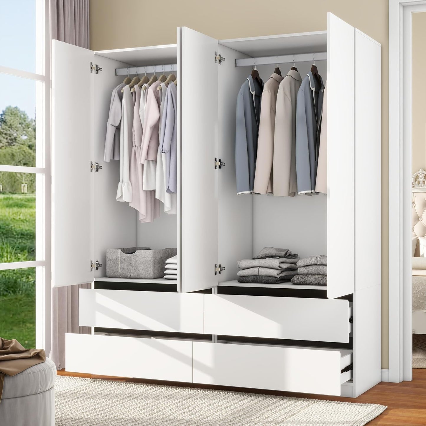 White Wardrobe Closet with Doors: 75" Large Capacity Bedroom Armoire, Wooden Cabinet with 4 Drawers, Hanging Storage Shelves with Hanging Rod (Contemporary, 2)