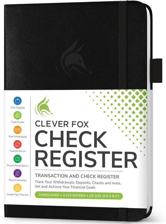 Clever Fox Check Register Book - Deluxe Transaction Register, Accounting Ledger Book, Checkbook Register & Checking Account Register Book for Personal and Work Use, A5 Hardcover - Black