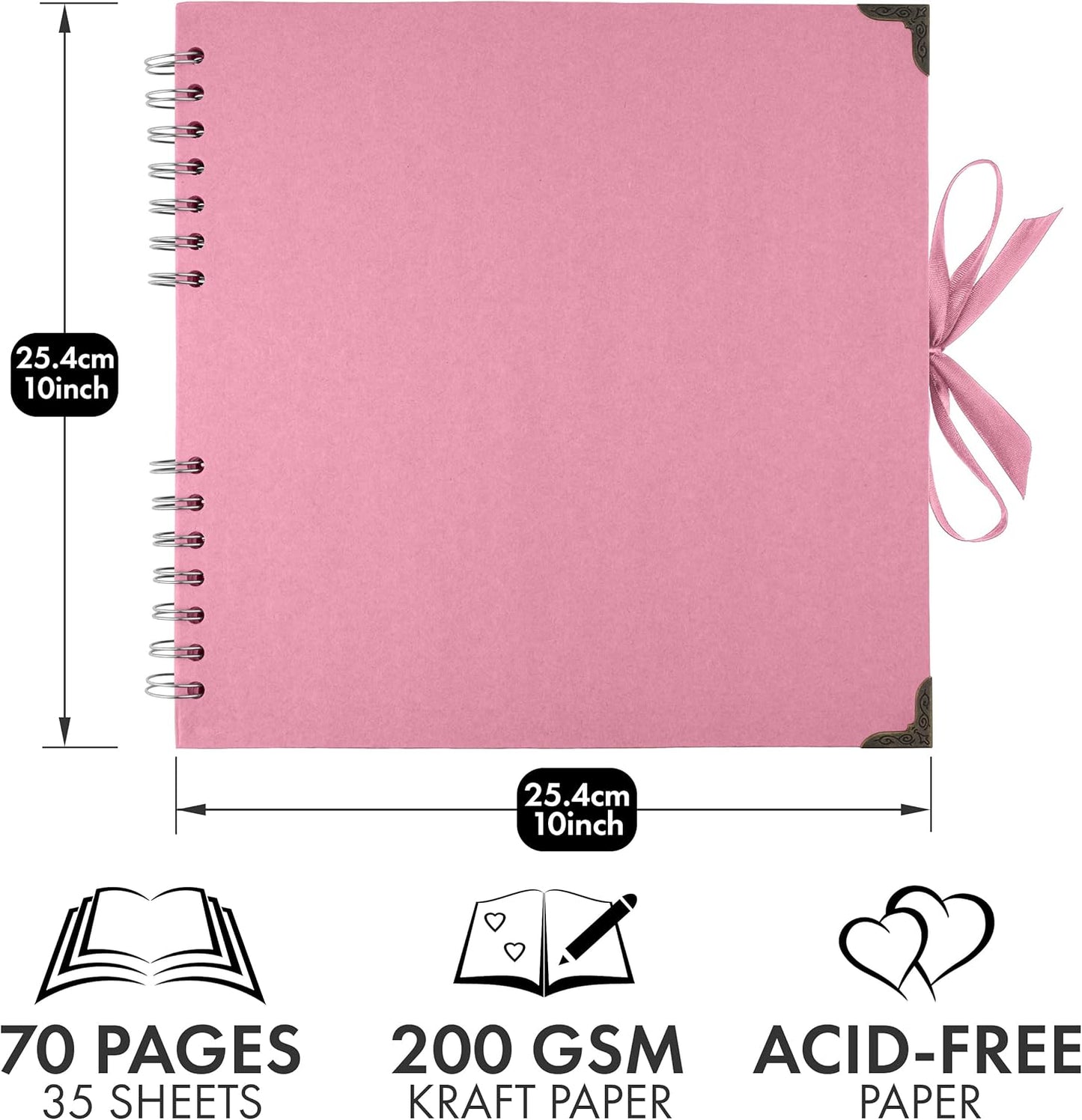 Bstorify 10 x 10 Inches Scrapbook Album 70 Pages Pink Thick Kraft Paper Corner Protectors, Ribbon Closure - Ideal for Your Scrapbooking, Art & Craft Projects (Pink, 10 x 10 Inch)