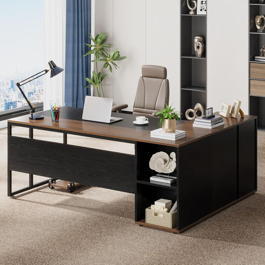 Tribesigns 71 inch Executive Desk, L Shaped Desk with Cabinet Storage, Executive Office Desk with Shelves, Business Furniture Workstation for Home Office, Black and Brown