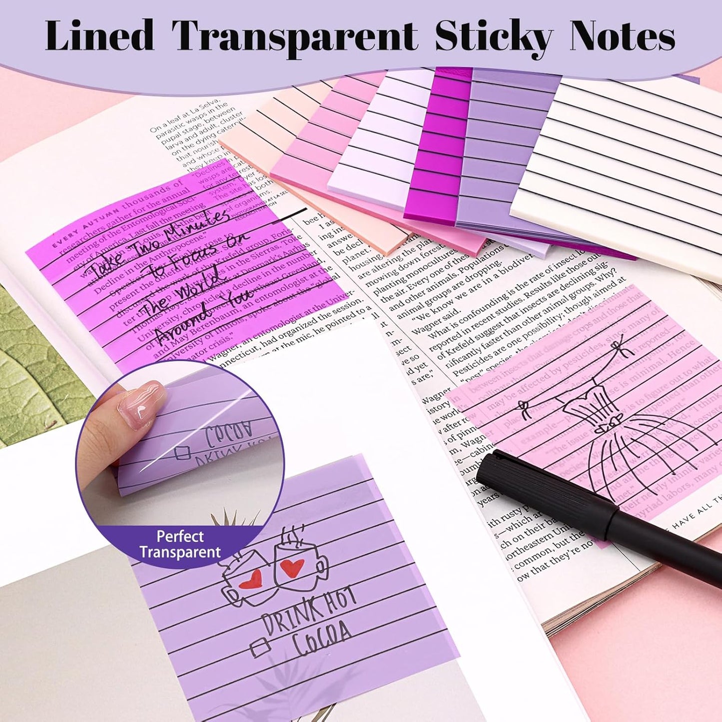 3x3 Inch Transparent Sticky Notes 300 Sheets, Clear Translucent Lined Self-Adhesive Memo Repositionable Reminder Pad for Office, College Students, Planners, Journals, School Supplies (Purple)