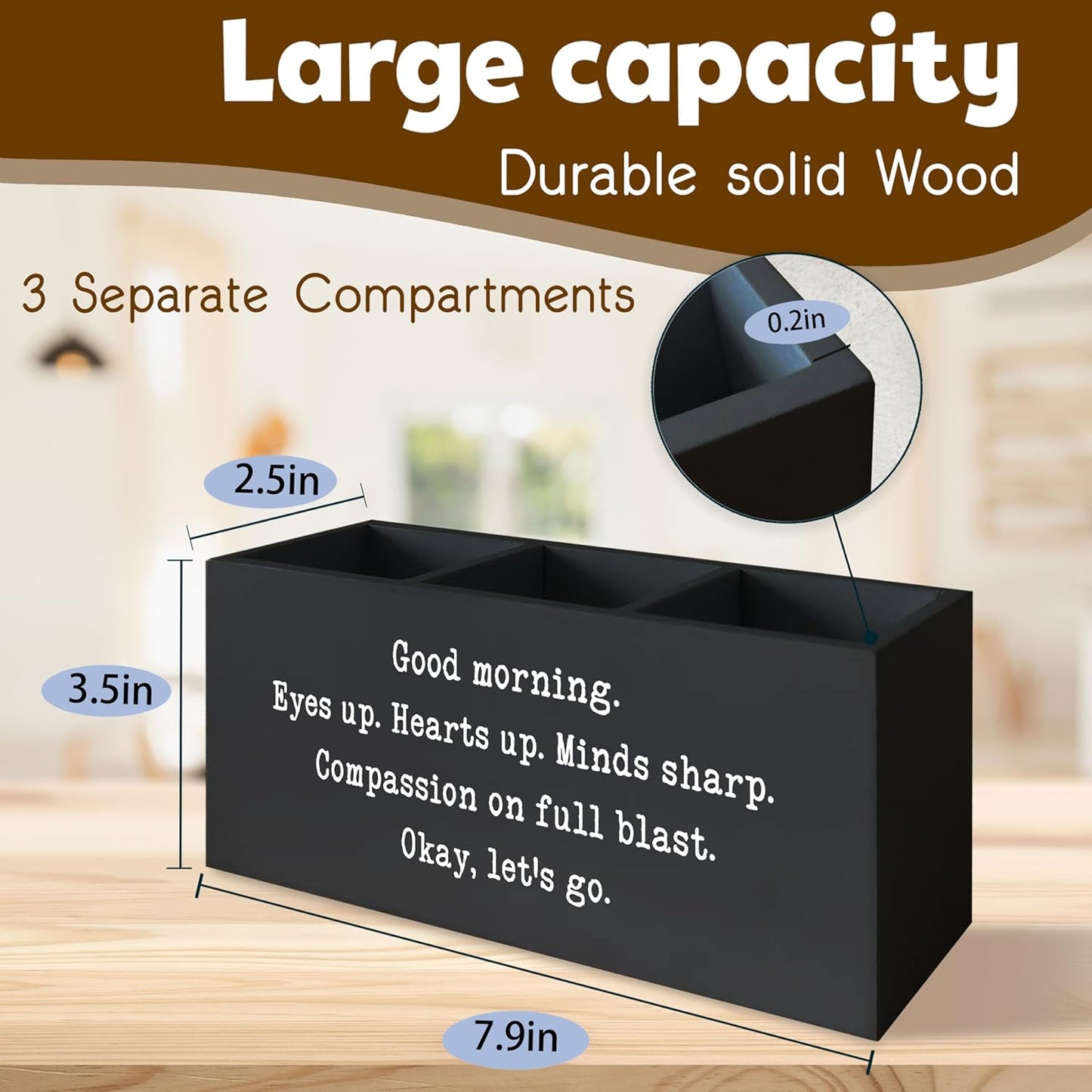 Positive Black Pen Holder for Desk, Inspirational Desk Decor, Funny Gifts for Coworkers Women Men Wooden Pen Pencil Holder Organizer for Office Accessories