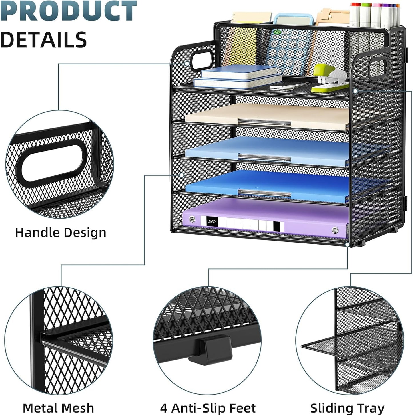 Marbrasse 5 Tier Paper Organizer with 3 Pen Holders, Mesh Desk File Organizer with Handle, Paper Sorter Desk Organizer for Home Office Supplies(Black)