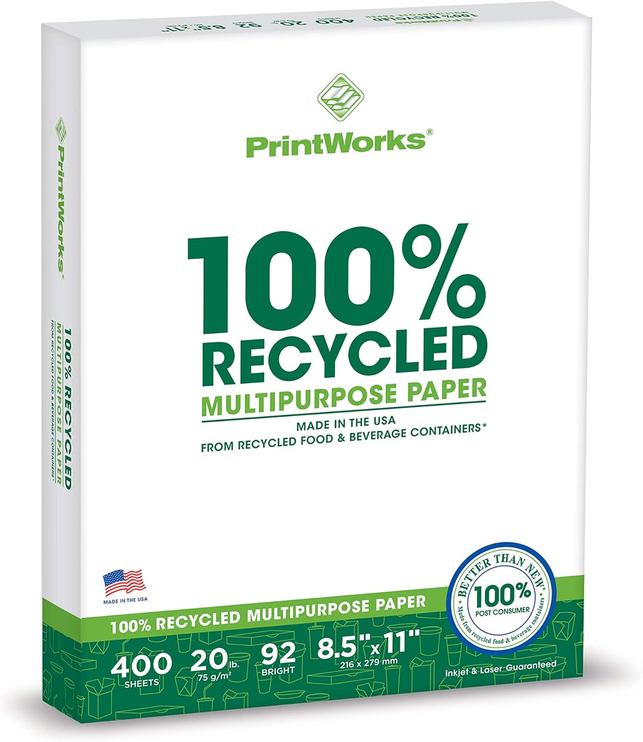 PrintWorks 100% Recycled Printer Paper 8.5" x 11" White - 20 lb Copy & Multipurpose Computer Paper - 1 Pack, 400 Sheets - Made in the USA - 92 Bright - Printer & Copier Compatible (00018)