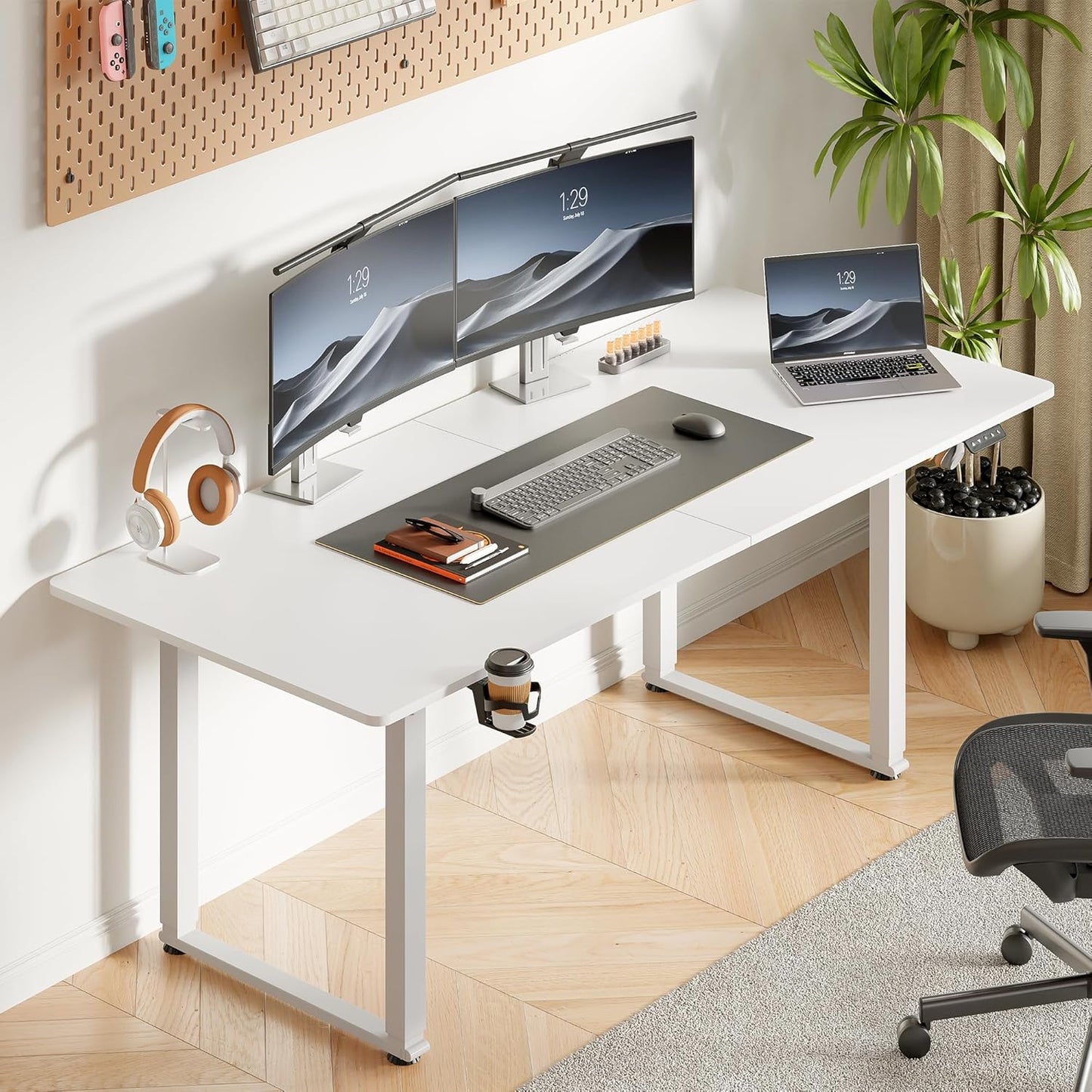 63x30 Inch Adjustable Standing Desk with 4 Legs, Stand up Desk Features a Spacious Rectangular Top, Dual-Motor Lift, and Memory Presets (28-46Inch) for Home Offices or Computer Workstations, White