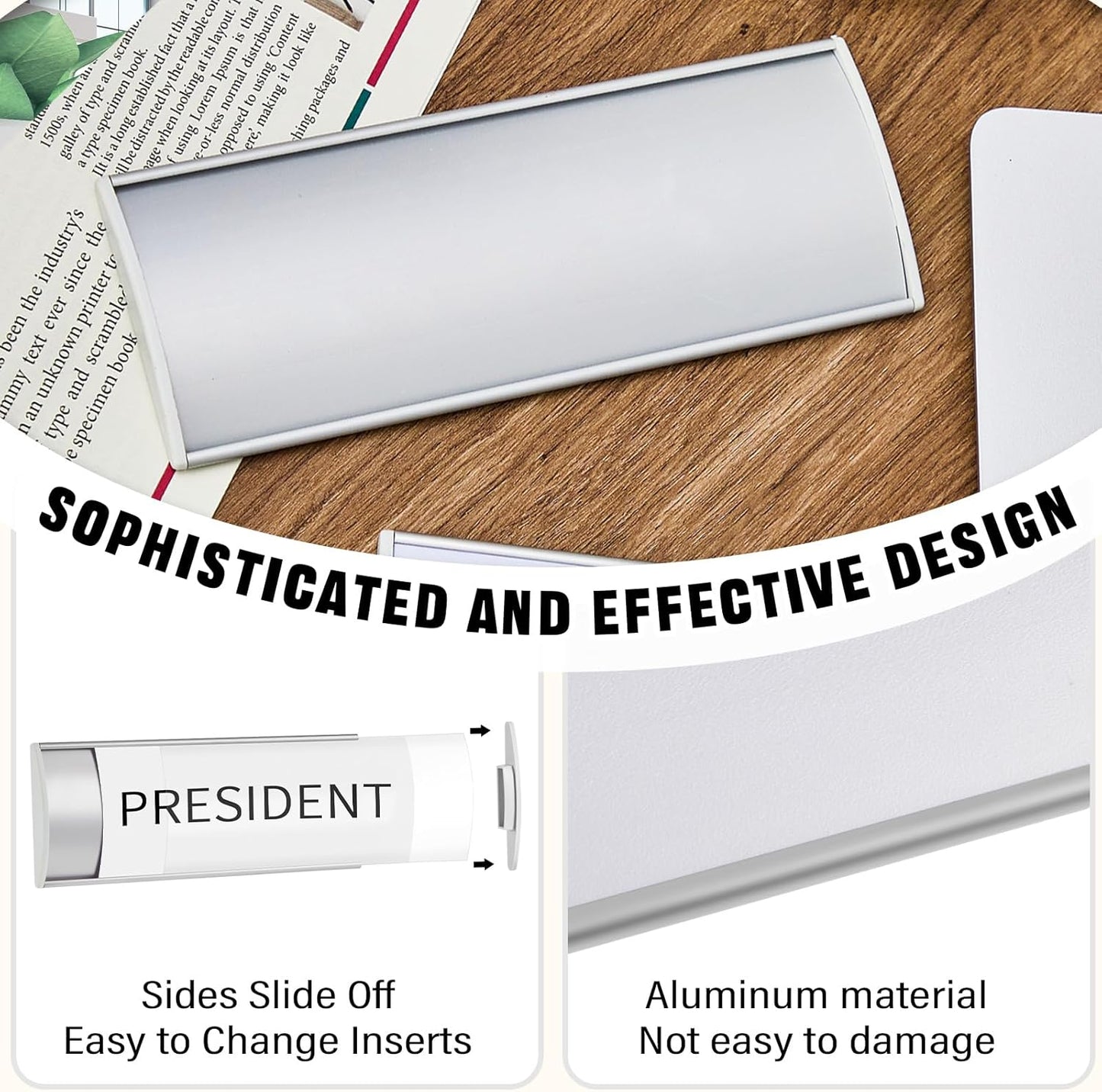 Therwen 25 Pcs Aluminum Office Name Plate Holder for Door Wall Mount 8'' x 3'' Business Sign Holder Office Door Sign Sturdy Curved with Plastic Film and Adhesive Tape(Silver)