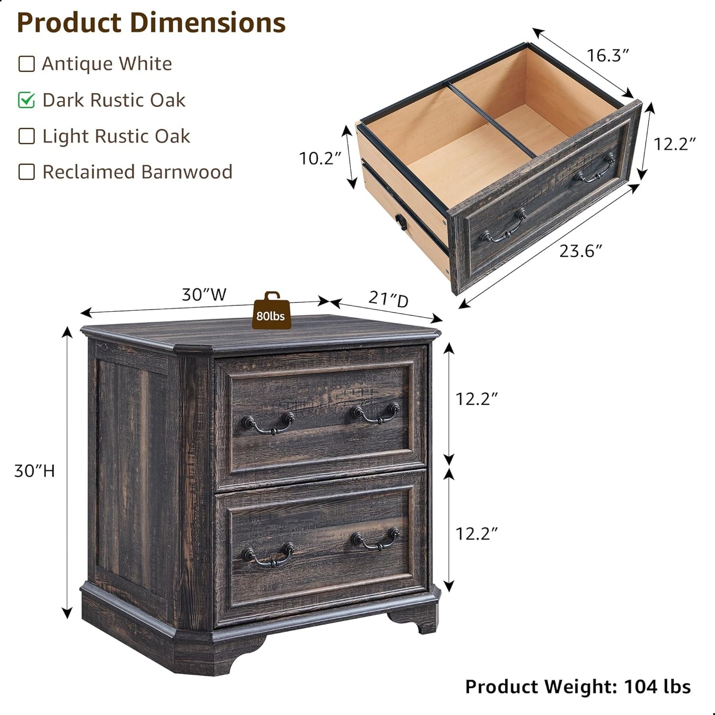 T4TREAM 2 Drawer File Cabinet-30 Wide Wooden Extended Desktop, Farmhouse Filing Cabinet with Smooth Rails, Holds Letter/Legal/A4, Hexagonal Design & Framed Drawer Fronts, Dark Rustic Oak
