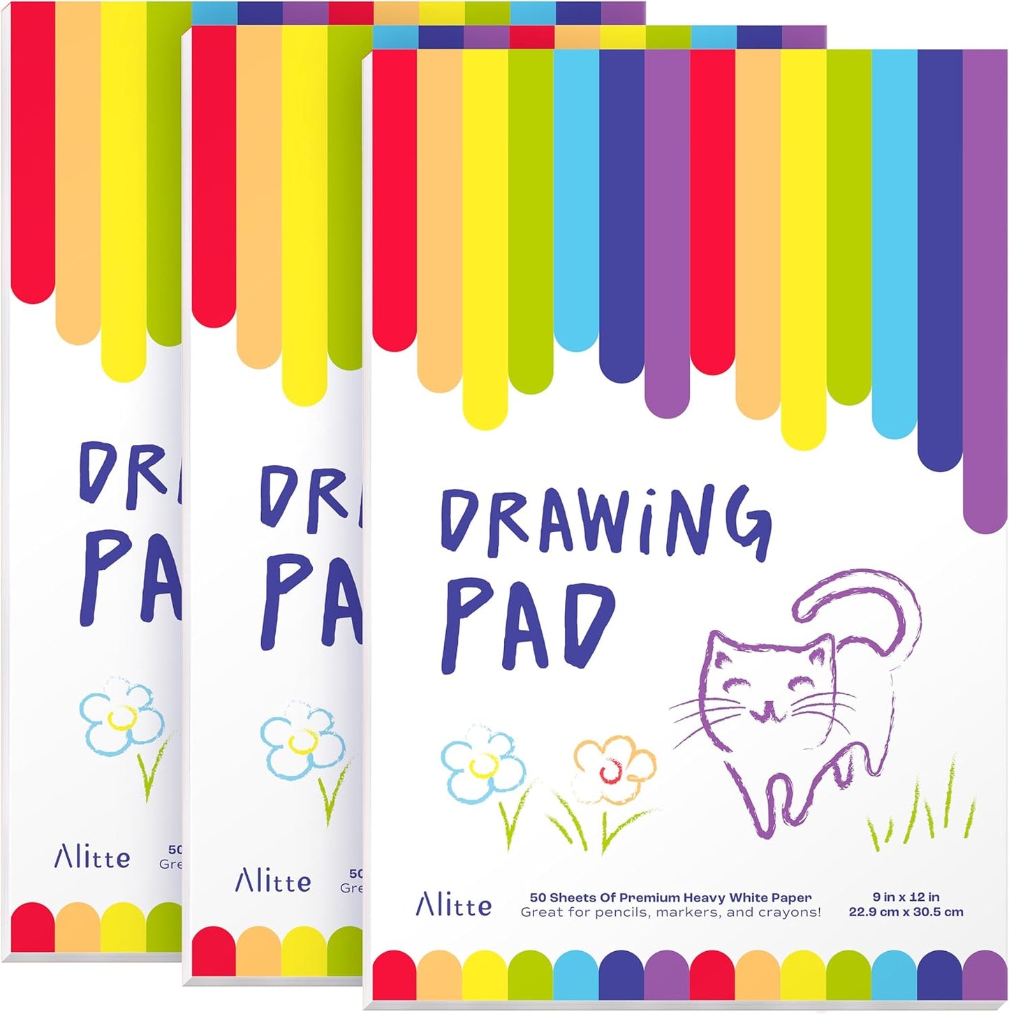 Alitte Drawing Pad for Kids - 3-Pack (9x12) Drawing Paper with Easy-Tear Pages - 50 Sheets - Kids Art Supplies | Sketch Pad for Drawing & Coloring - Suitable for Children and Toddlers