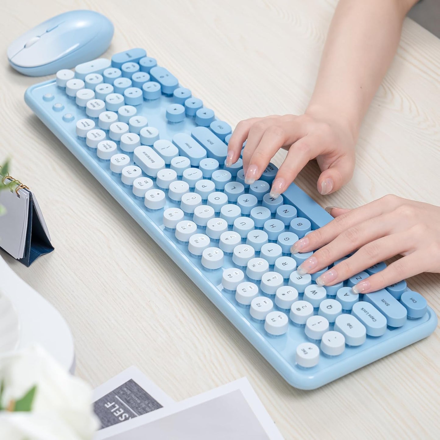 Colorful Wireless Keyboard and Mouse Combo, COVEVA 2.4GHz Wireless Retro Cute Round Keycaps Keyboard, 104 Keys Full-Sized Keyboard Mouse Set with Switch Button for PC Laptop Desktop (Blue Gradient)